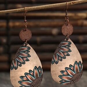 Droplet Shape Sunflower Print Dangle Earrings Retro Bohemian Wooden Jewelry